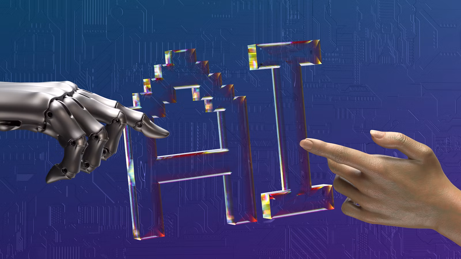 Human and robot hands representing ethical AI governance