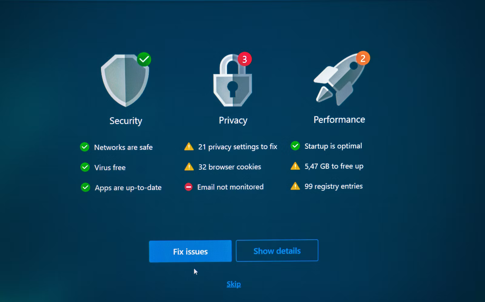 Security status screen representing core controls for smaller organizations